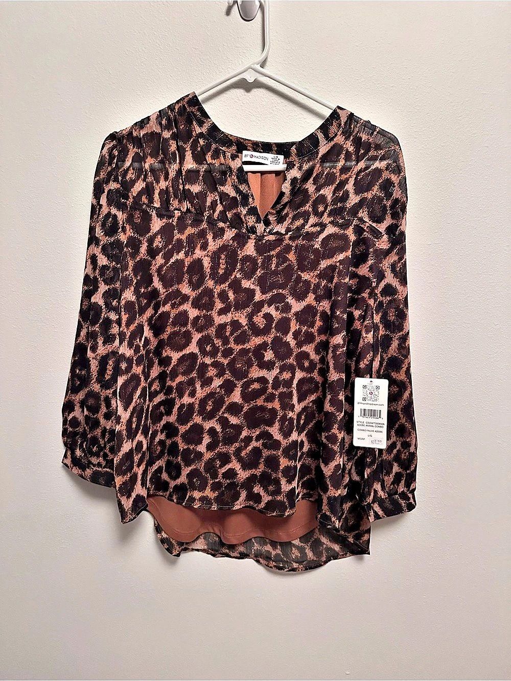 89th & Madison Animal Print Blouse Brown & Black Medium